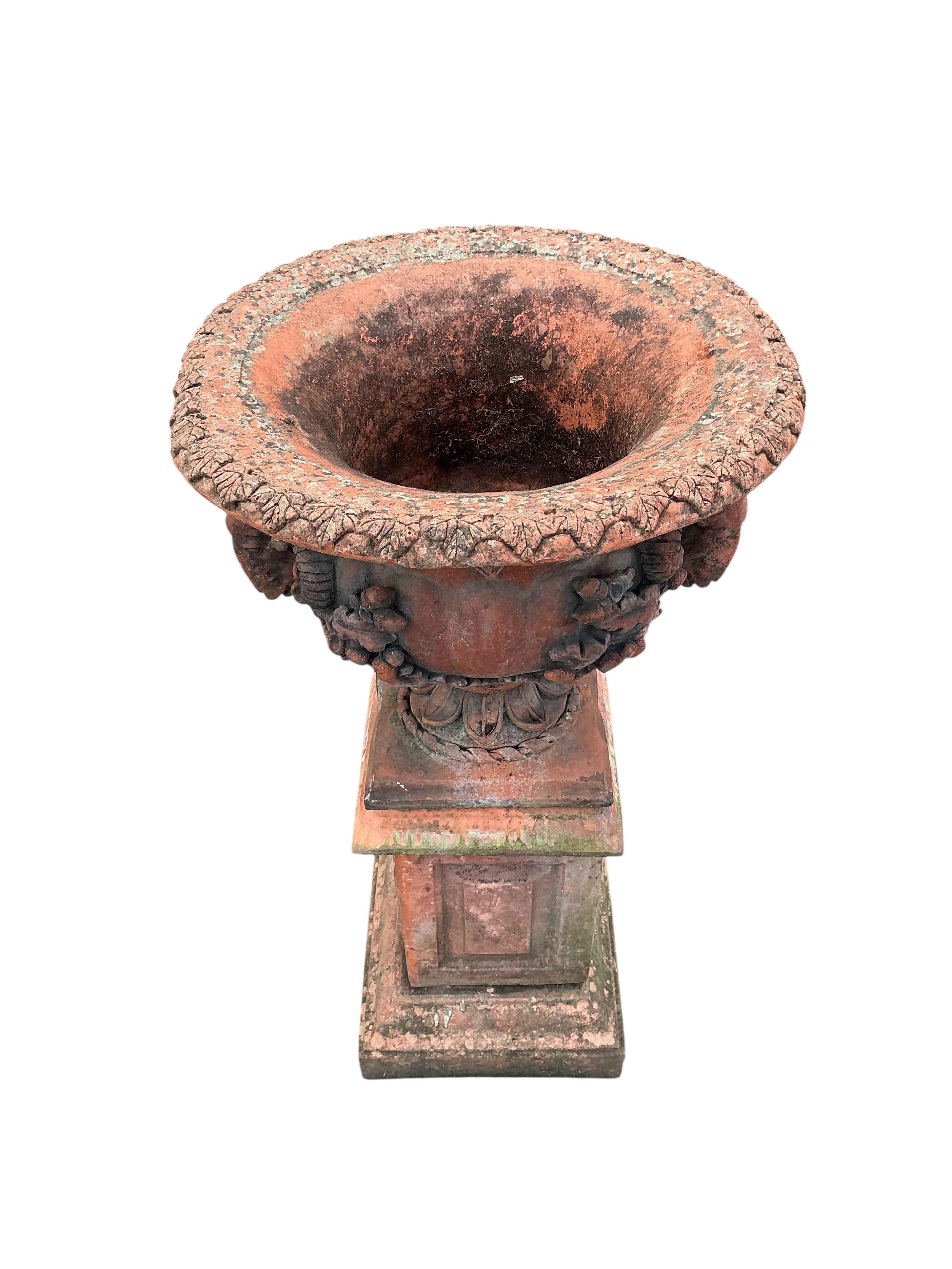 A pair of terracotta ram's head circular garden urns, on square pedestal bases, diameter 52cm, height 98cm